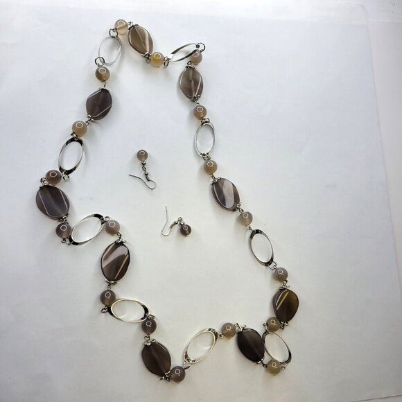 Smoky Taupe Grey Tan Bead Long Necklace Earring Set - Picture 2 of 5